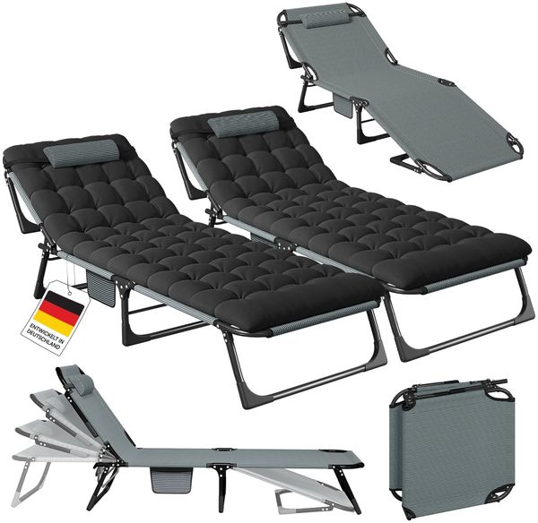 STEELSØN 'Nysaris' Sonnenliege mit Polsterauflage, grau/schwarz, klappbar und leicht transportierbar, Gartenliege mit Seitentasche, Outdoor Liegestuhl bis 180 kg, 2er Set