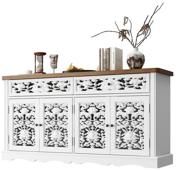 FUFU&GAGA Sideboard Sideboard mit Schnitzmuster, Buffet-Schrank weiß, HDF, Kommode
