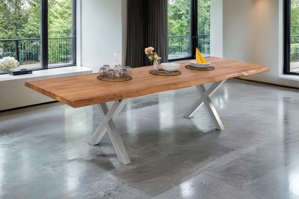 Esstisch Baumkante Akazie natur 140 (220) x 90 cm X-Gestell silber mit Ansteckplatten CALI 150443159