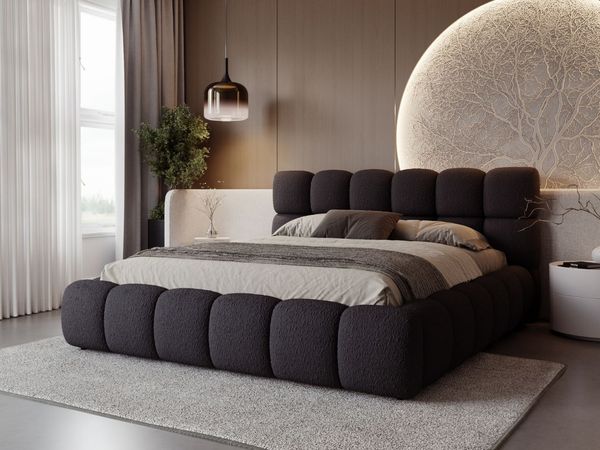 GRAINGOLD Modo Polsterbett 120x200, Doppelbett mit Kopfteil, groß Stauraum, Bouclé-Stoff, Schwarz