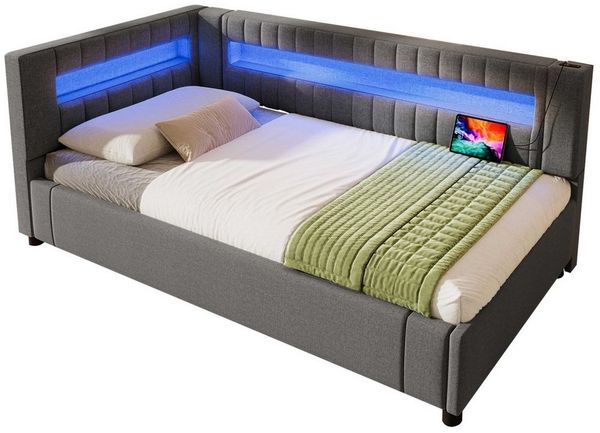 BlingBin Polsterbett Daybett Tagesbett Schlafsofa Jugendbett (1-tlg, mit LED-Lichtleiste, hydraulische Stauraum, USB und Type-C), 90×200cm, ohne Matratze, Leinen, Grau