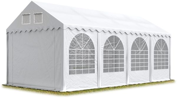 Festzelt XXL Partyzelt 4x8 m, hochwertige PVC 800 N Plane in weiß, 100% wasserdicht, vollverzinkte Stahlkonstruktion mit Verbolzung, Seitenhöhe ca. 2,6 m