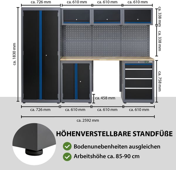 Werkstattwand 13-tlg. modulares Werkstattschranksystem aus Stahl mit massiver Holzarbeitsplatte blau Bild 3