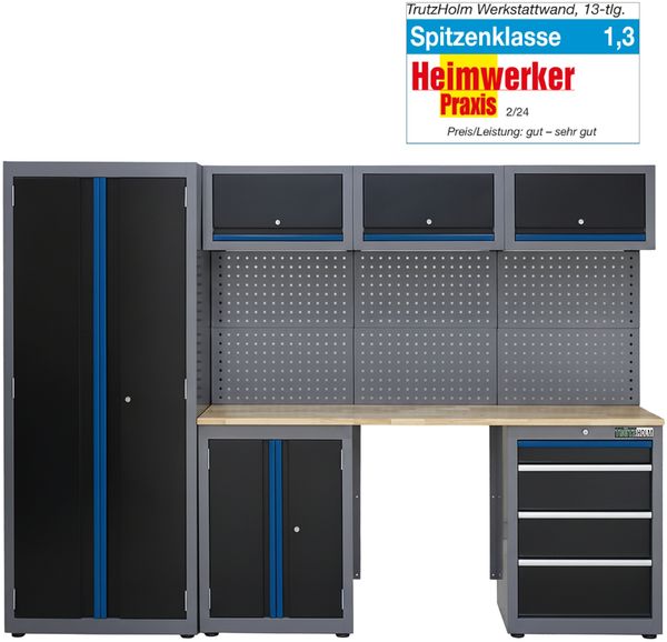 Werkstattwand 13-tlg. modulares Werkstattschranksystem aus Stahl mit massiver Holzarbeitsplatte blau