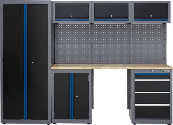 Werkstattwand 13-tlg. modulares Werkstattschranksystem aus Stahl mit massiver Holzarbeitsplatte blau Bild 10