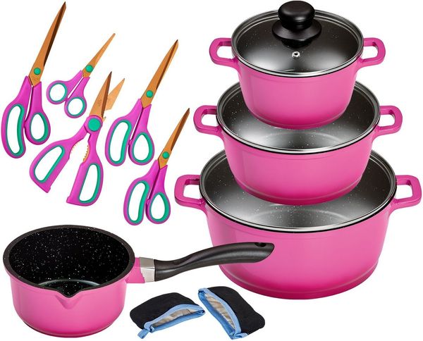 KING Topf-Set ALUGUSS, Aluminiumguss (Set, 14-tlg, je 1 Kochtopf 16/20/24 cm, 1 Stieltopf 16 cm, Scheren-Set, Grips), Glasdeckel,Induktion,Keramik-Antihaft-Beschichtung