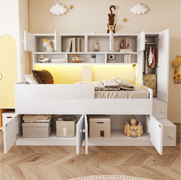 STILVORA Kinderbett 90×200 Holzbett mit Ablagefächern Kleiderschrank und Kletterleiter (Platzsparendes Tagesbett im Paneelstil mit Treppenschrank, Schlaf- und Stauraum in einer einzigen Einheit), Hochsicheres Geländerdesign
