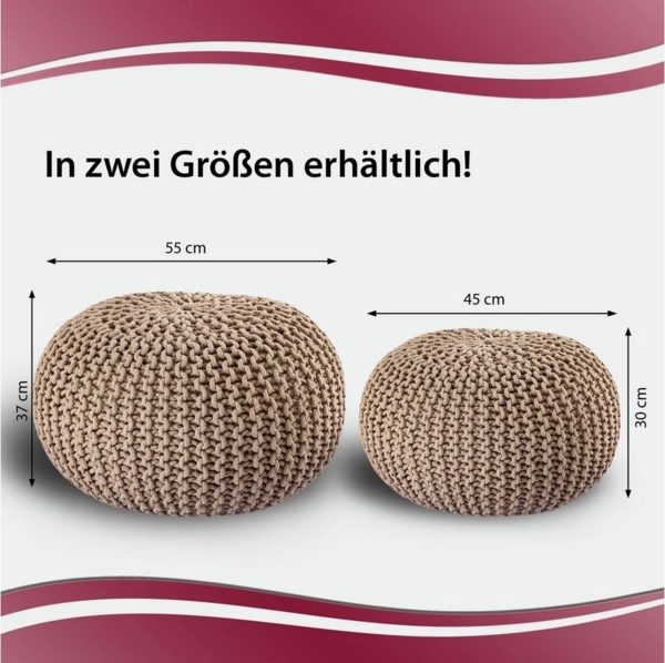 casamia Pouf Ø 55 o. 45 cm Sitzpouf Strickhocker Sitzpouf Bodenkissen nachhaltig Grobstrick Optik Größe ø 55 cm, Farbe beige Bild 3