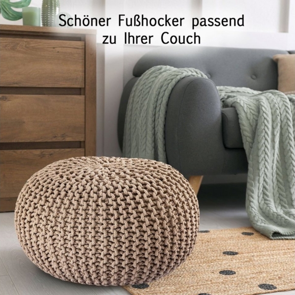 casamia Pouf Ø 55 o. 45 cm Sitzpouf Strickhocker Sitzpouf Bodenkissen nachhaltig Grobstrick Optik Größe ø 55 cm, Farbe beige Bild 2