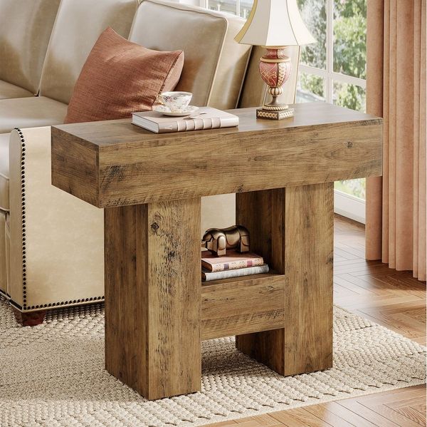 Tribesigns Beistelltisch Couchtisch mit 2 Ablagen, Sofatisch Schmaler Nachttisch Holz, Braun