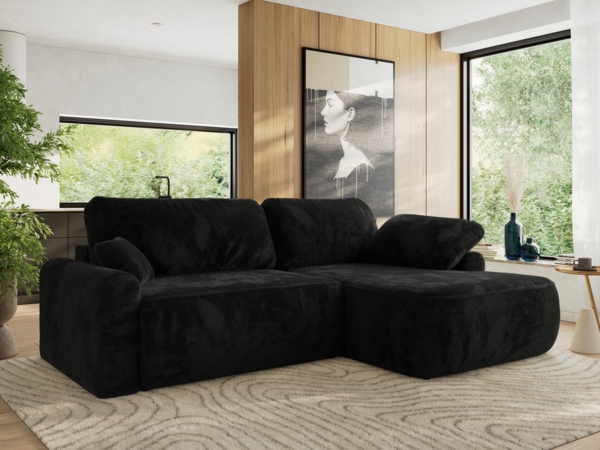Ecksofa, L-förmiges, lose Kissen, DL-Schlaffunktion, (H 100 x T 187 x B 273 cm) - CUBO L - Plüsch Schwarz - rechte Seite