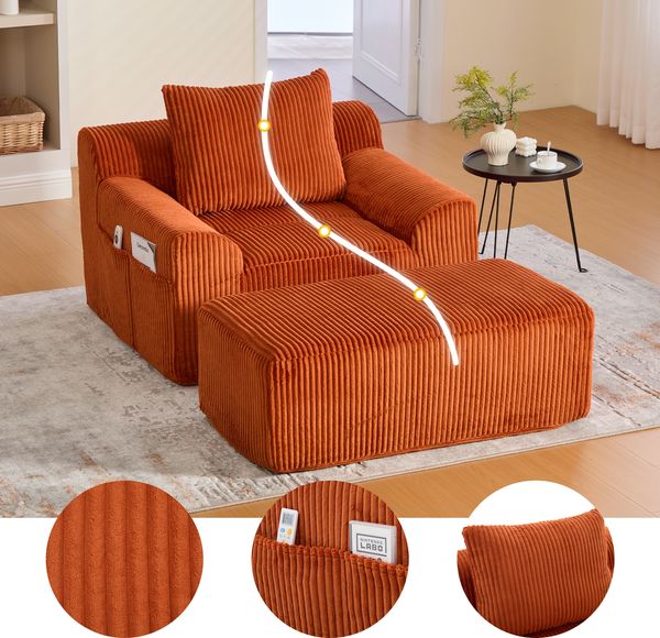 Flieks Relaxsessel mit Hocker, Einzelsofa mit Seitentaschen, für Wohnzimmer, Schlafzimmer und Studie, Cord, Orange