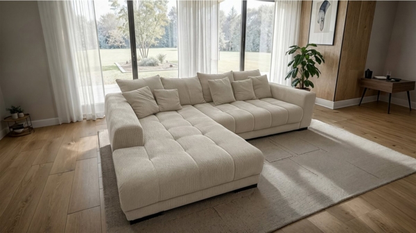 Massivart® Ecksofa Cord 300x215 cm / Nosagfederung / Cordsofa / ARTEMIS, inkl. Kissen-Set · frei im Raum stellbar
