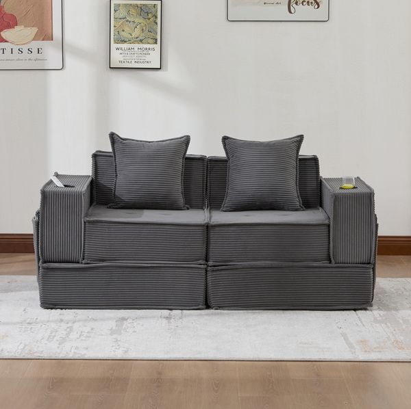 2-Sitzer Sofa 162 x 78 x 66 cm aus Cord in Dunkelgrau – mit 2 Kissen und Seitentaschen