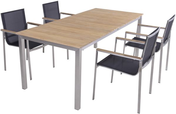 Garten-Sitzgruppe SVEA 5-tlg. Teak Hellbraun Edelstahl | Gartenmöbel-Set Gartengarnitur Garten-Essgruppe mit Stühlen und Esstisch