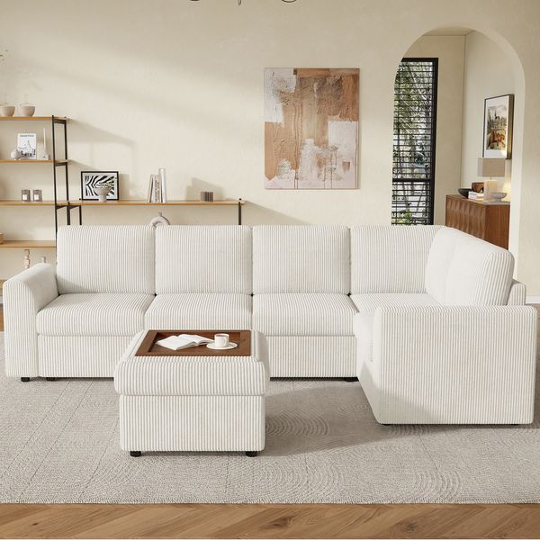 4-Sitzer Ecksofa B 282 x T 153 x H 85 cm aus Cord mit Schlaffunktion und Stauraumhocker