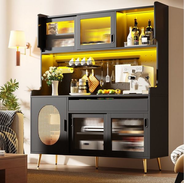 Odikalo Küchenbuffet Küchenschrank Buffetschrank mit LED (145 x 39 x 171 cm, Landhausstil, 5 Türen, mit LED-Lichtleiste & Ordnungslockplatte, Fluted Glas Türen)