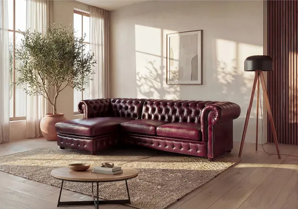 Vente-unique - Chesterfield Ecksofa - Ecke Links - Büffelleder - Rotbraun - BRENTON