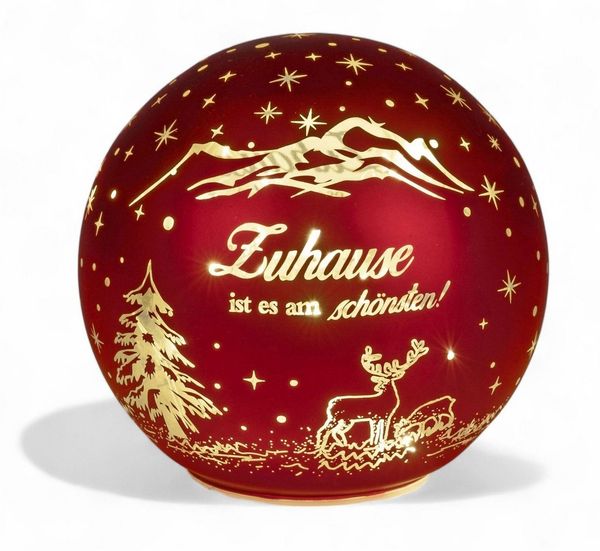 formano LED Deko-Kugel 12cm Rot mit Spruch Zuhause ist es am Schönsten Glaskugel aus mattem Farbglas und goldener Innenfarbe - Herbst Winter Weihnachtsdeko für Tisch Regal Fensterbank