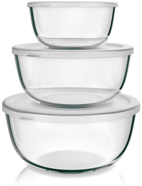 Arendo Salatschüssel 3er Set mit Deckel, Glasschüssel 1,1L / 2,7L / 4,4L, Glas Rührschüssel, Glas, (Set, 3-tlg), Glasschale, BPA-frei, Spülmaschinen und Mikrowellen geeignet