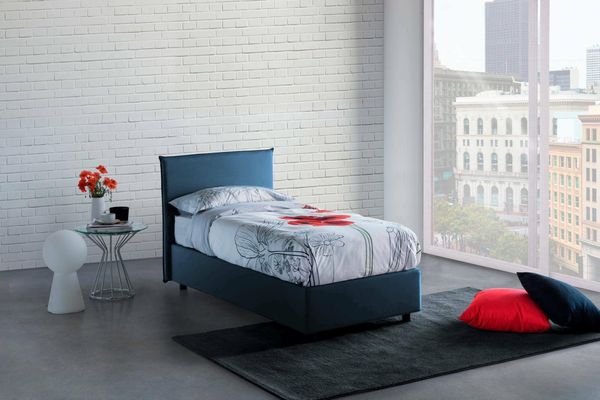 Talamo Italia - Candida Einzelbett, Bettkasten mit Stoffbezug, 100 % Made in Italy, seitliche Öffnung, geeignet für Matratze 80x190 cm, Blau