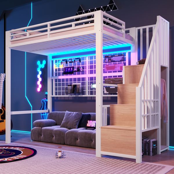 Hochbett, 90 x 200cm, Eisenrahmen, Kleiderschrank, Stauraumleiter, Gitter zum Aufhängen von Gegenständen, Freifläche unter dem Bett, 7-farbige LED-Leuchten, ohne Matratze, Weiß