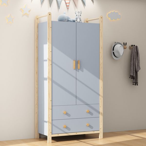 Kleiderschrank, 2-türiger mit Kleiderstange und 2 Schubladen für Schlafzimmer Wohnzimmer Flurgarderobe, Spanplatte+Kiefer, Blau+Kiefer, 90×45×180 cm