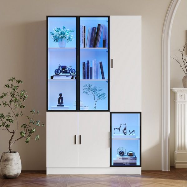 MODFU Vitrine LED-Vitrine mit 3 Glastüren & 4 Schränken (Hochschrank, Aktenschrank, 1-St, Glasvitrine mit Aluminiumrahmen) Robuste Spanplatten-Vitrine, Smarte LED-Leiste mit Bluetooth