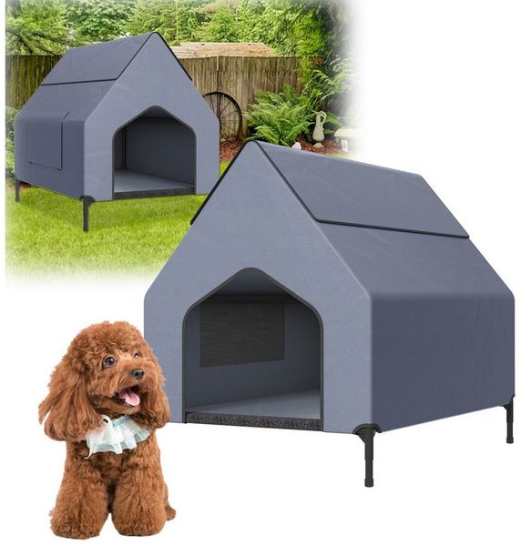 FIVMEN Hundebett mit Baldachin Hundeliege Hundehütte im Hausform, Oxford-Material Stahlrahmen Hundekäfig S/M/L