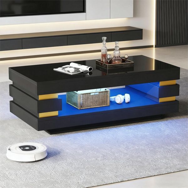 Merax Couchtisch hochglanz Sofatisch Beistelltisch mit LED-Beleuchtung (1-St), Wohnzimmertisch Sofatisch mit Stauraum & offener Ablage, 100 x 50 x 35 cm