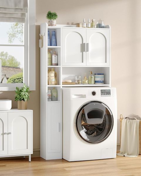 Waschmaschinenschrank mit 3 Türen, Verstellbare Ablagen, Waschmaschinenregal mit 5 offenen Fächern, für Badezimmer, Toilette und Waschküche, 24 x 82 x 170 cm, Weiß