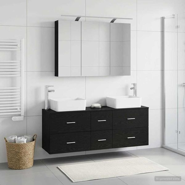 vidaXL Badezimmermöbel-Set 4 pcs Schwarze Eiche Ingenieurholz und Glas 3406856