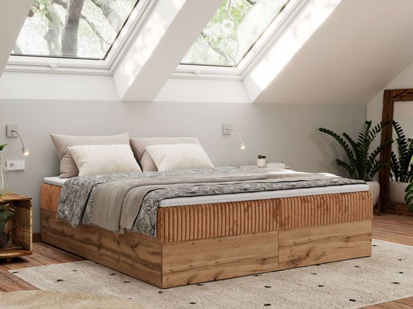 Polsterbett mit Bettkasten, Boxspringbett ohne Kopfteil WOOD ZERO, 7-Zonen Multipocket-Matratze und Topper, modernes Bett für Schlafzimmer - Orange Cordstoff - 180 x 200 cm - H4