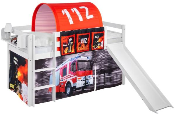 Lilokids 'Jelle' Spielbett 90x200 cm, Feuerwehr, Kiefer massiv, mit Rutsche und Vorhang