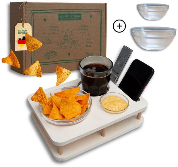 PEGSEN Servierplatte Couchbar Snackbar YOLO mit 2 Glasschalen, Getränke und Snacks stehen stabil und sicher