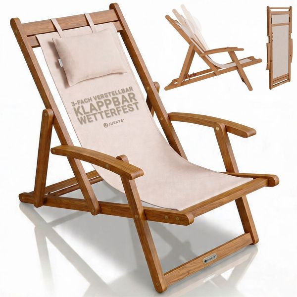 JUSKYS® Sonnenliege Tavira Creme - Klappbar, 3-fach verstellbare Rückenlehne, mit abnehmbarem Kopfpolster, wetterfest, geöltes Akazienholz, 6 kg