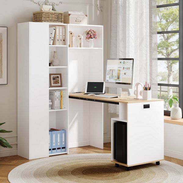REDOM Eckschreibtisch Schreibtisch und Regal, mit Steckdosen (klappbar Schreibtisch, Eck-Tisch, 1-St, höhenverstellbare Ablagen), mit Steckdose, USB-Anschluss und Kippschutz