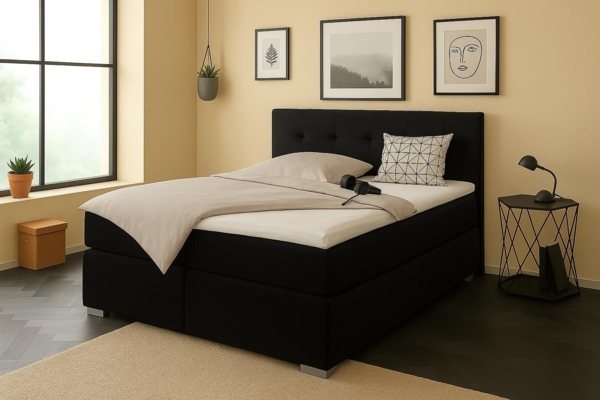 Boxspringbett TOM 120x 200 cm mit Matratze und gepolstertem Kopfteil. Farbe Schwarz Bild 2