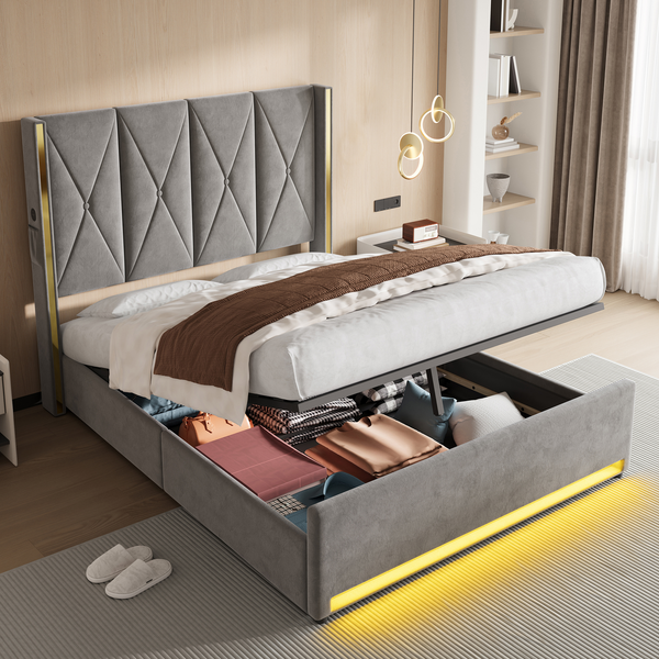 LVHOM Polsterbett mit Stauraum, Doppelbett mit LED, USB-Anschlüsse und Seitentaschen, Funktionbett, 160x200 cm, Grau