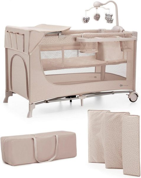 Kinderkraft Joy 2 Acc Kinderbett, 3 in 1 Kinderreisebett, Babybetten, Kinderbett, Reisebett, Modernes Design, Kleine Abmessungen nach Zusammenklappe, Praktisches Zubehör, Räder, Beige