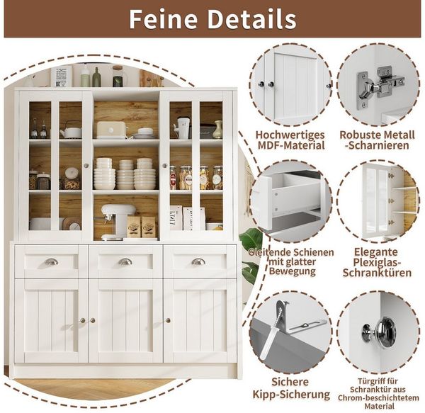 i@home Hochschrank Küchenschrank,Esszimmerschrank,weiß/schwarz (Packung set) mit viel Stauraum und Glastüren,140×38.5×175cm