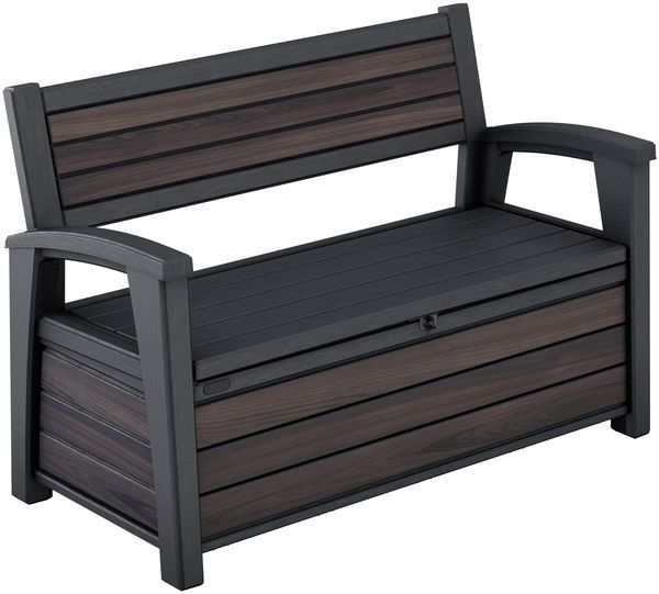 Keter Signature Gartenbank 130 x 60 x 85 cm, wetterfeste Aufbewahrungsbank mit 227 Liter Stauraum, Holzdesign Rosewood, 2-Sitzer Sitzgelegenheit, Palisander