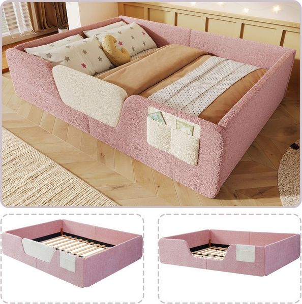 BlingBin Polsterbett Kinderbett mit abnehmbaren Seitengittern & Staufläche (Jugendbett, 1-tlg, 140x190 cm), integrierte Stofftasche zur Aufbewahrung, Samt, ohne Matratze