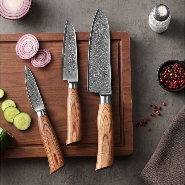 Wakoli Messer-Set Edib Pro 3 Damastmesser I Kochmesser Küchenmesser I 8-16cm Klinge (Damastmesser mit Geschenkbox, 3-tlg, 3er Damastmesser-Set mit Holzbox), 67 Lagen Damaststahl, VG-10 Stahlkern