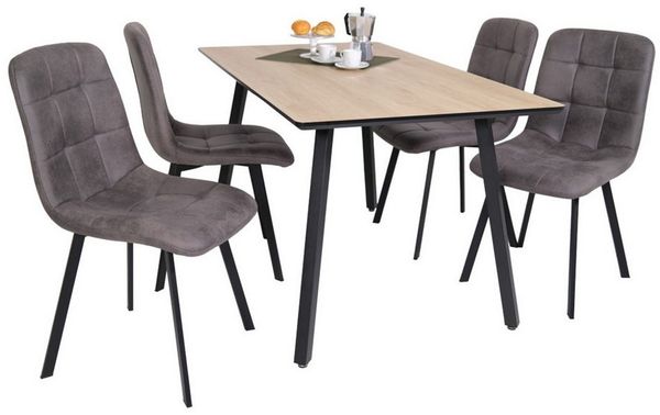 Liadomo Essgruppe Lissabon, Esstisch, Stuhl, Stühle, (5-tlg, 1 Tisch, 4 Stühle), Sitzgruppe, Eiche Nachbildung, Leder-Optik, 4-Fuß-Metallgestell