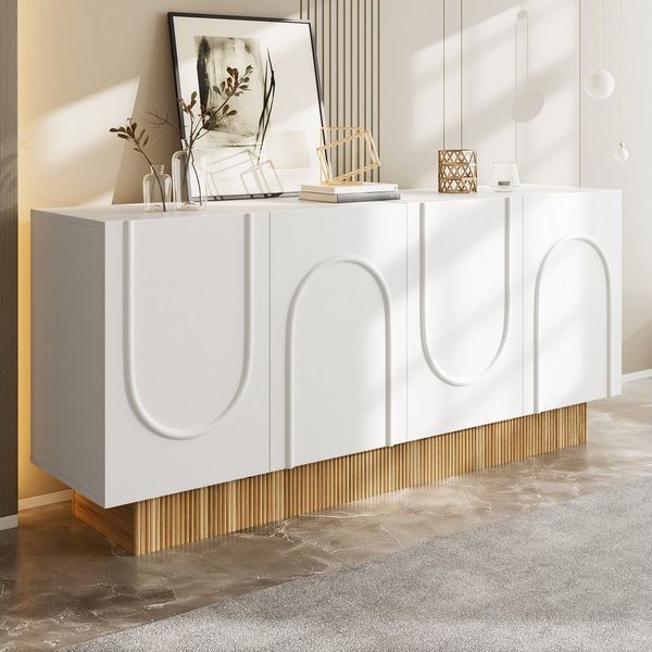 Merax Sideboard mit U-Relief-Design & dekorativer Holzstruktur (1 St, 160×75×38 cm), Kommode mit 4 Türen und großen Innenfächern, Anrichte, Buffetschrank