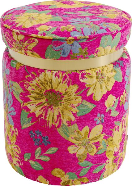 Kare Hocker Flower Fever Pink, Mehrfarbig, Ø39cm, Sitzhocker, Blumen Motiv, Rund, Pflegeleicht, Flur