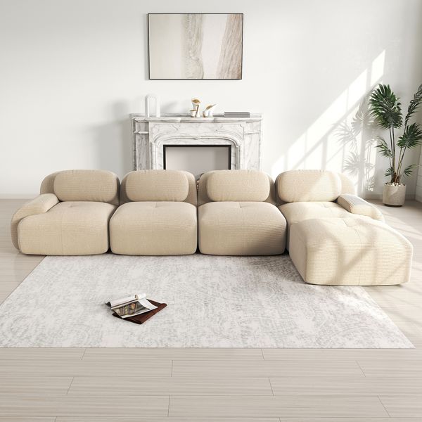 Modulares Ecksofa aus Cord, rahmenlos & montagefrei, 388 x 178 x 75 cm, Beige
