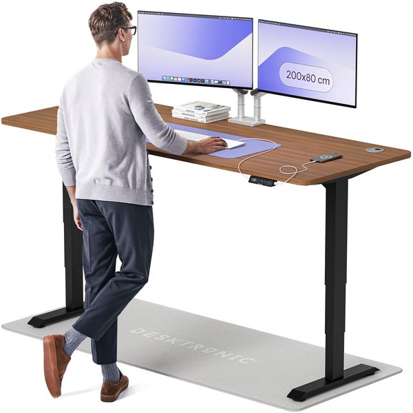 Desktronic HomePro Elektrisch höhenverstellbarer Schreibtisch 200x80cm Schwarz/Walnuss mit Memory-Funktion, Anti-Kollisions Technologie, USB-A und USB-C-Ladeanschlüssen