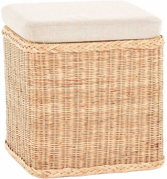 Krines Home Sitztruhe Rattan Wäschekorb Quadratisch Wäschetruhe Sitz gepolstert Flur-Bank, Aufbewahrungsbox mit Deckel Bad-Hocker Sitzhocker Wäschesammler